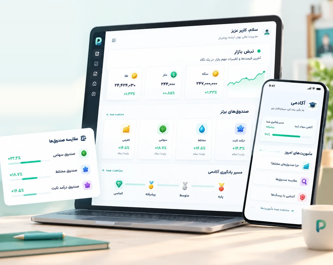 داشبورد پولیار روی لپتاپ و موبایل: نبض بازار، صندوقهای برتر و مسیر یادگیری آکادمی